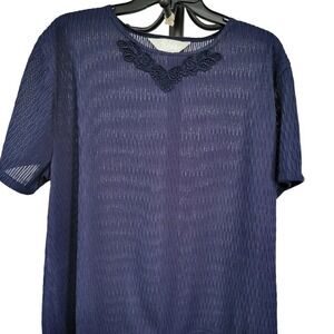 Blair Textured Knit Top Navy‎ Blue Short Sleeve Lace Neckline Blouse